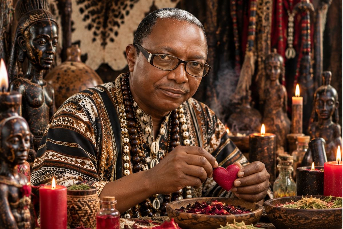 Carlos Mukuru preparing herbs in a traditional African spiritual setting