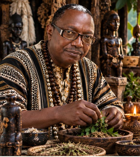 Carlos Mukuru preparing herbs in a traditional African spiritual setting