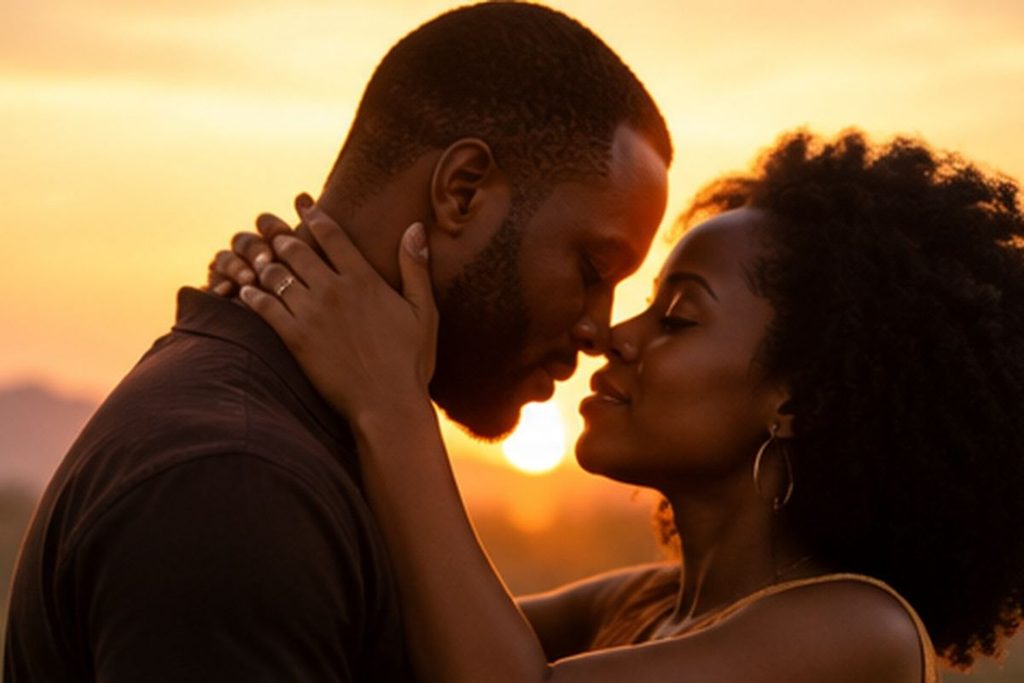 African couple embracing while watching the sunset together
