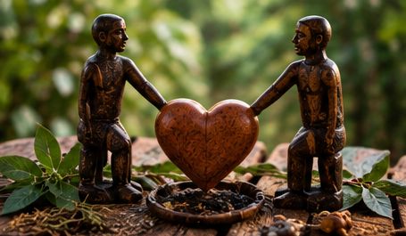 Two figures holding a heart between them