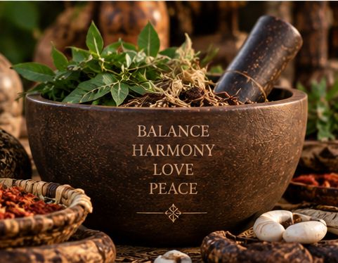 Traditional bowl with herbs representing balance and harmony
