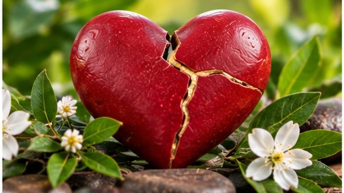 Broken red heart surrounded by flowers and natural stones