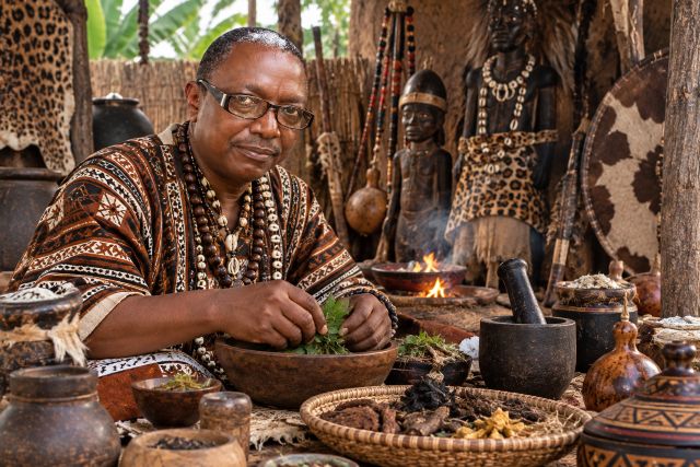 Carlos Mukuru preparing herbs in a traditional African healing shrine