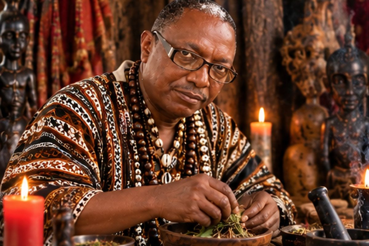 Carlos Mukuru preparing herbs in a traditional African spiritual setting