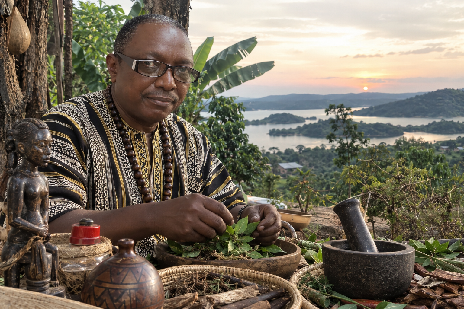Carlos Mukuru preparing traditional herbs in an outdoor African setting