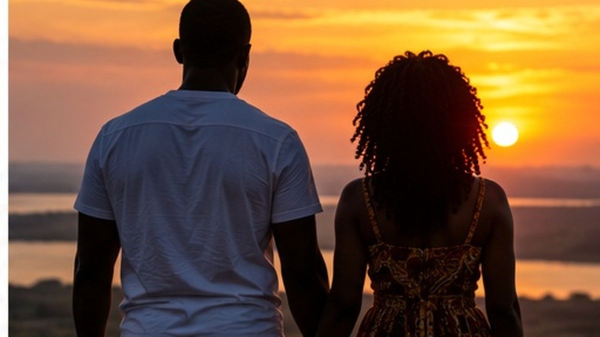 African couple holding hands while watching the sunset