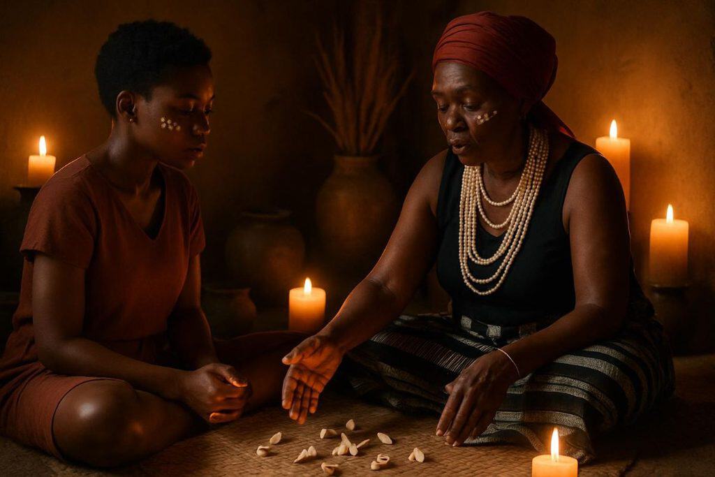 Traditional herbs and candles arranged in an African spiritual setting