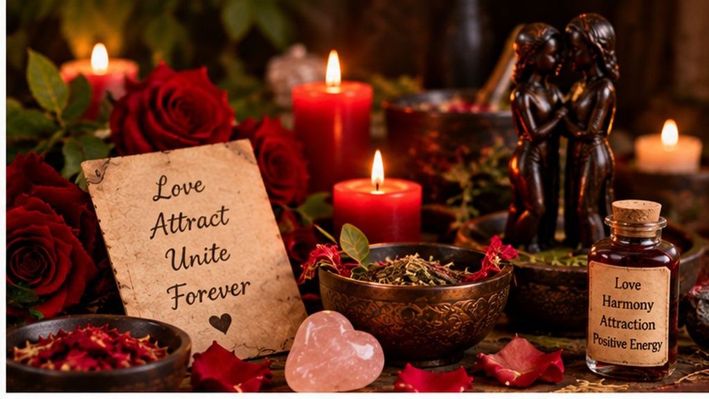 Traditional herbs, roses and candles used as symbols of love and attraction