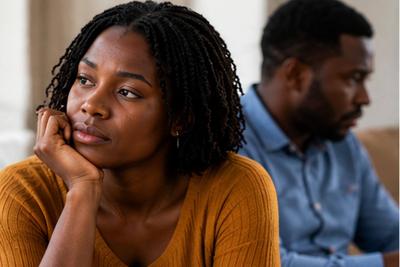 African couple sitting together overlooking a lake at sunset