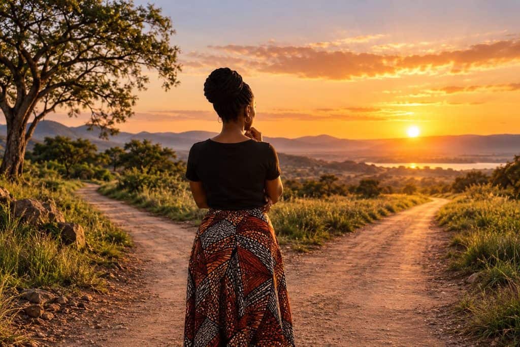 Person reflecting on personal choices in a peaceful African landscape