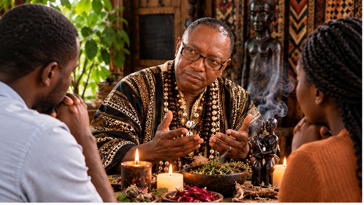Carlos Mukuru listening to clients during a traditional spiritual consultation