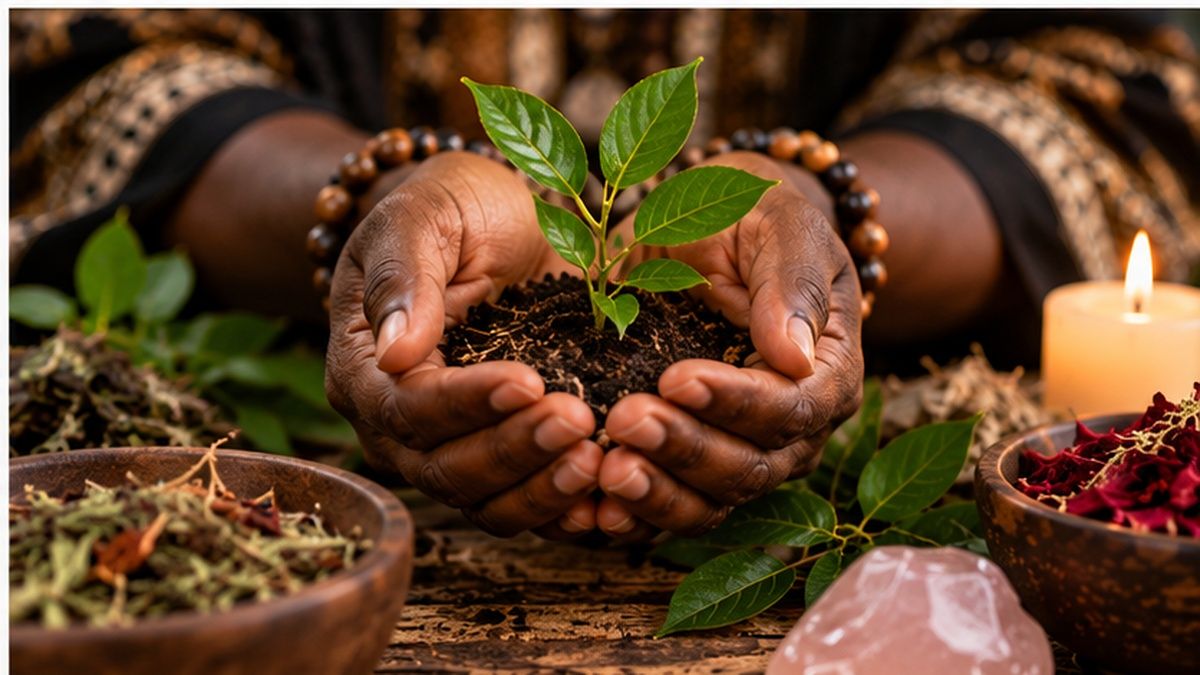 Hands holding a young plant surrounded by traditional herbs