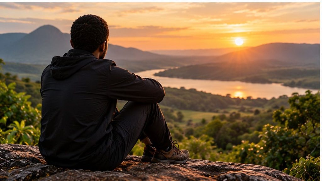 Man reflecting over a peaceful African landscape at sunset