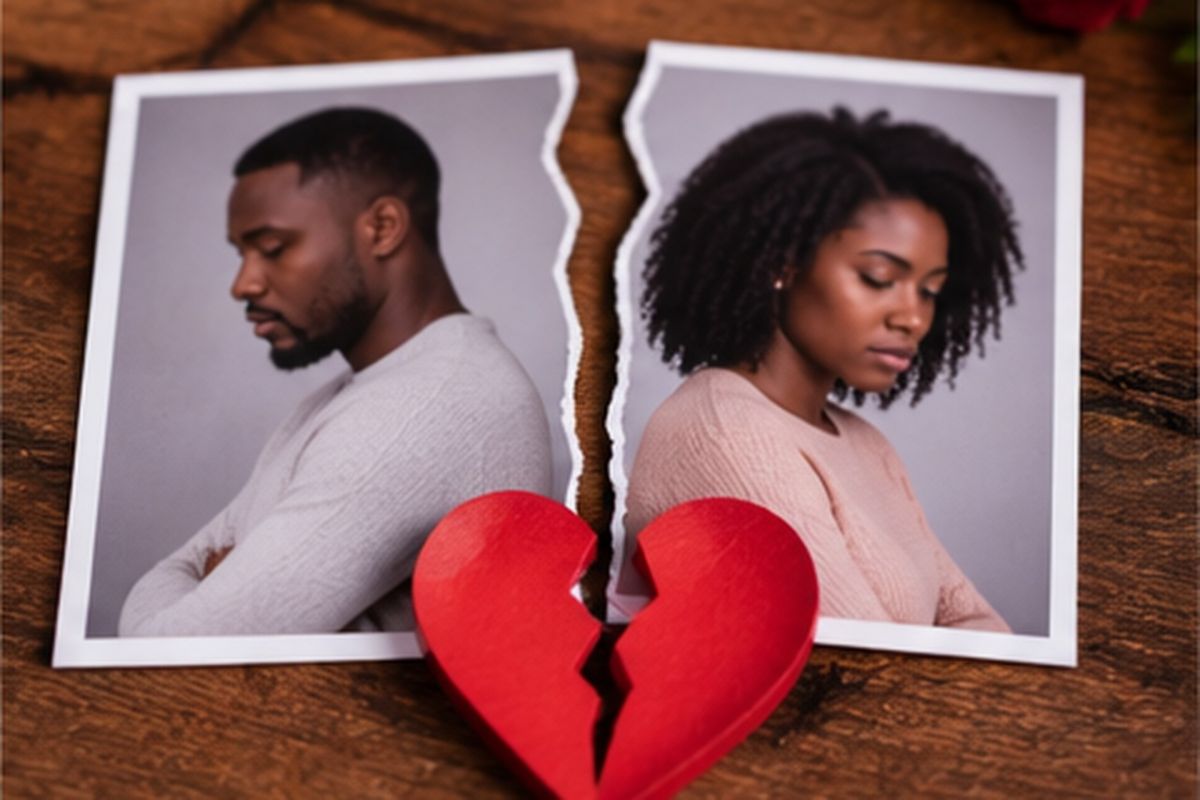 Torn photograph of a couple with a broken heart
