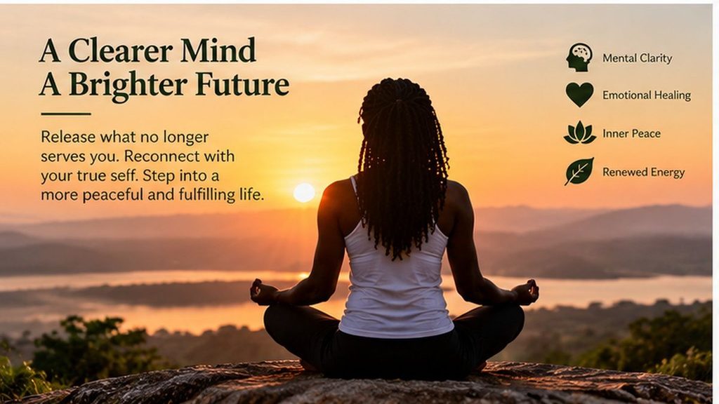 Woman meditating at sunrise overlooking a peaceful African landscape