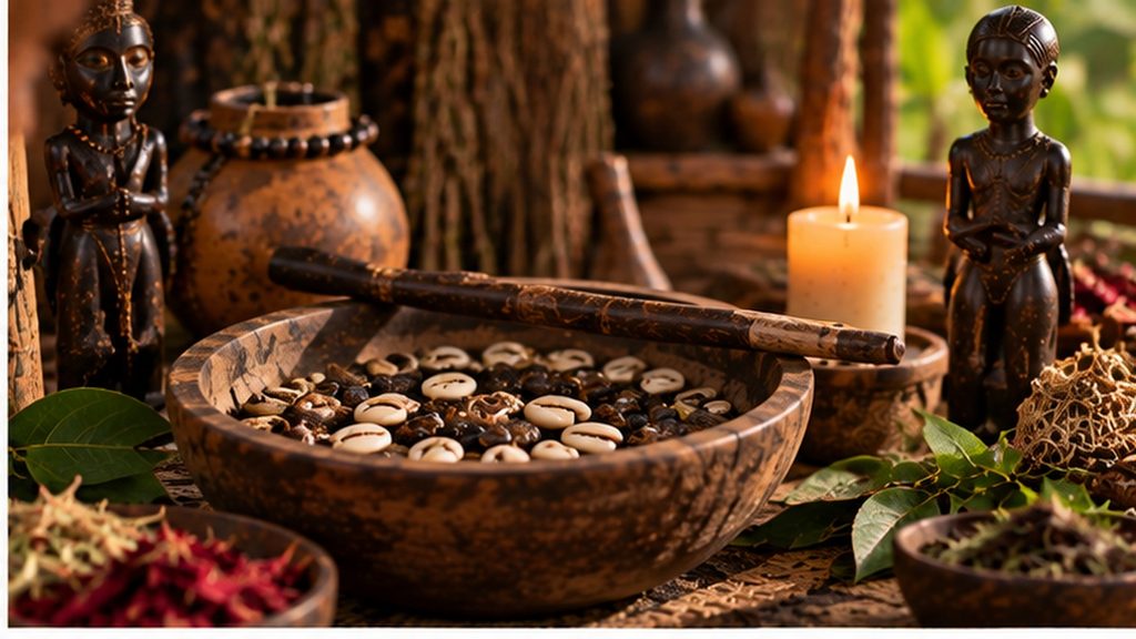 Cowrie shells and traditional objects arranged for spiritual consultation