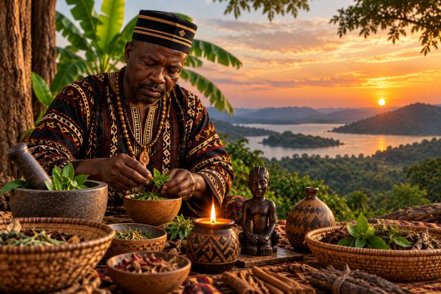 African spiritual practitioner preparing herbs in a traditional outdoor setting