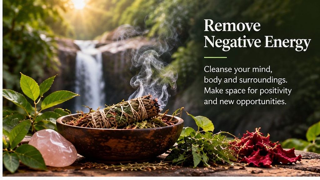 Traditional herbs beside a waterfall representing spiritual cleansing and renewal