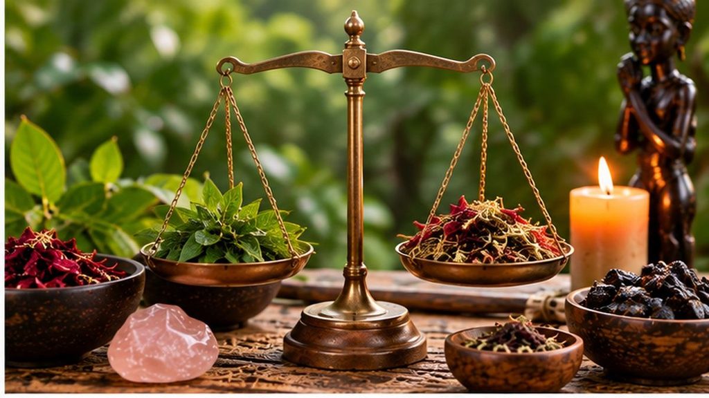 Traditional herbs arranged beside balanced scales in a spiritual setting