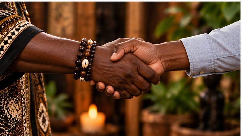 Carlos Mukuru shaking hands with a client during a consultation