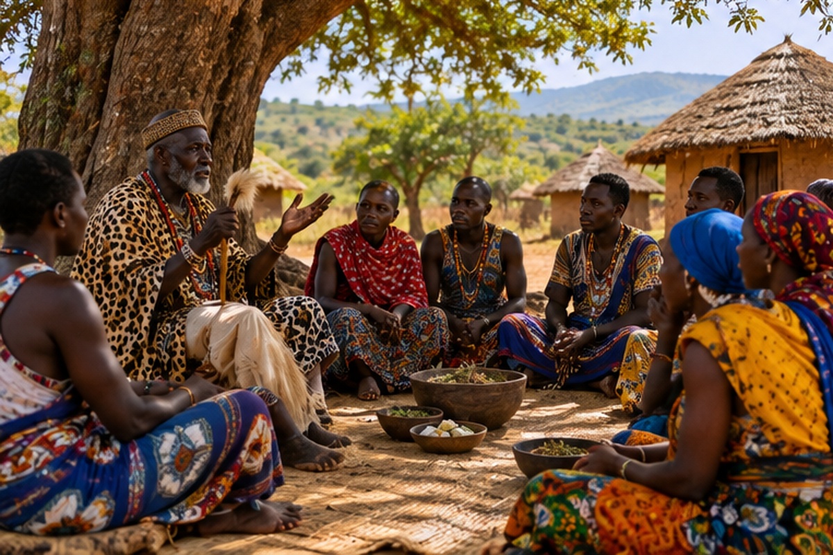 African community gathered with an elder sharing traditional knowledge