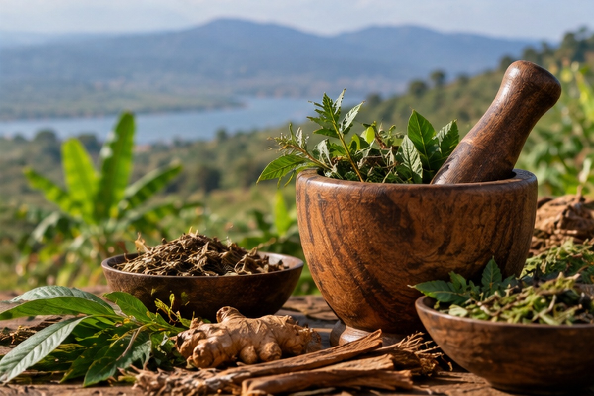Traditional African herbs and natural materials prepared in a wooden mortar