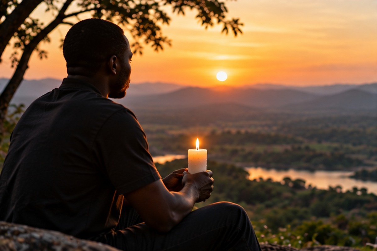 Man holding a candle while reflecting quietly at sunset