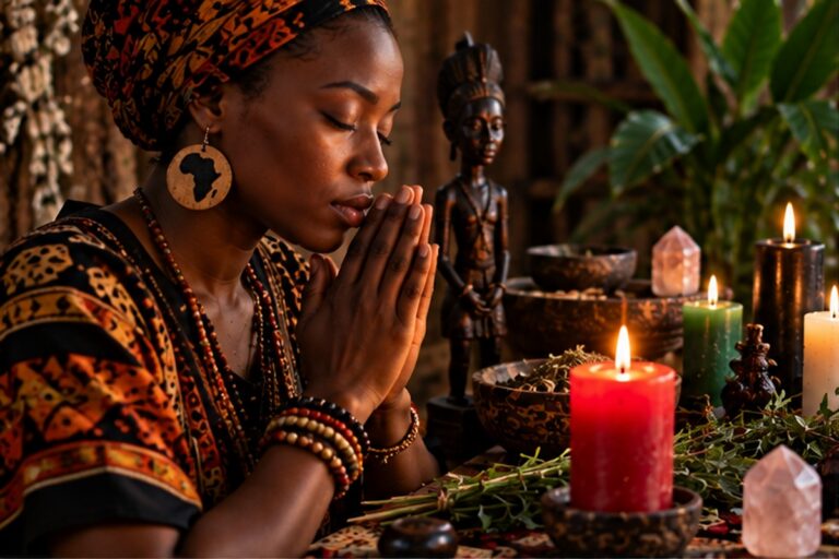 Woman engaging in a traditional candle-based spiritual practice