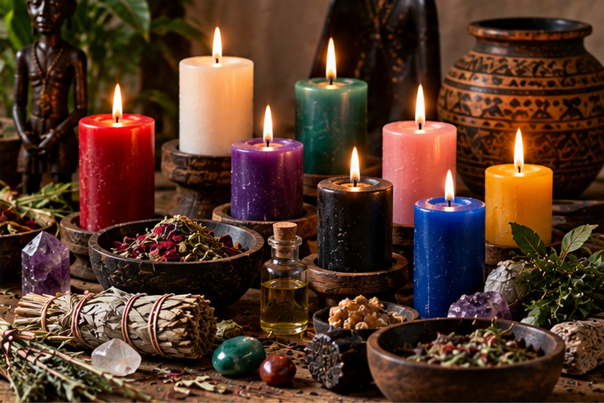 Candles and natural materials arranged in a traditional spiritual setting