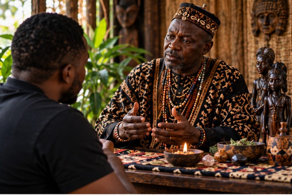 Client speaking with a spiritual practitioner during a private consultation