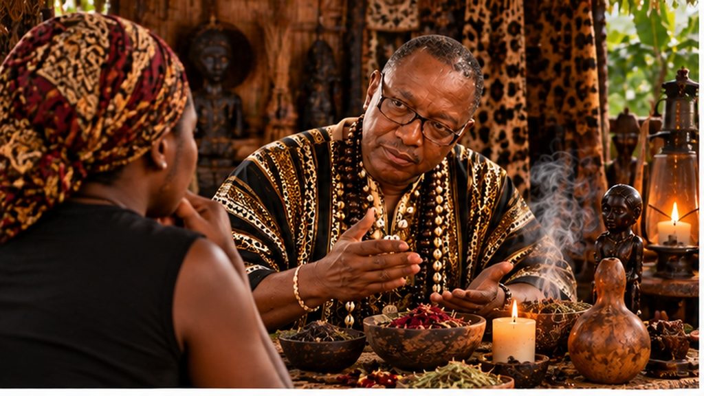 Practitioner examining fresh leaves during a traditional spiritual consultation