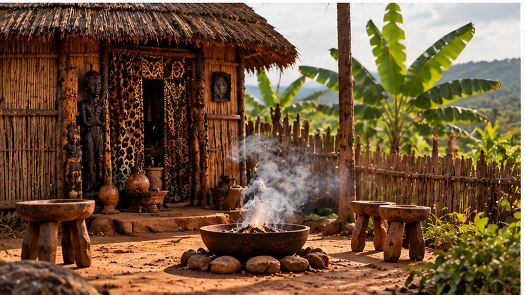 Traditional African spiritual shrine beside a thatched hut and banana plants