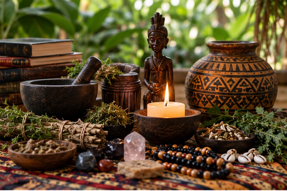 Traditional spiritual objects and natural materials arranged in a practitioner's setting