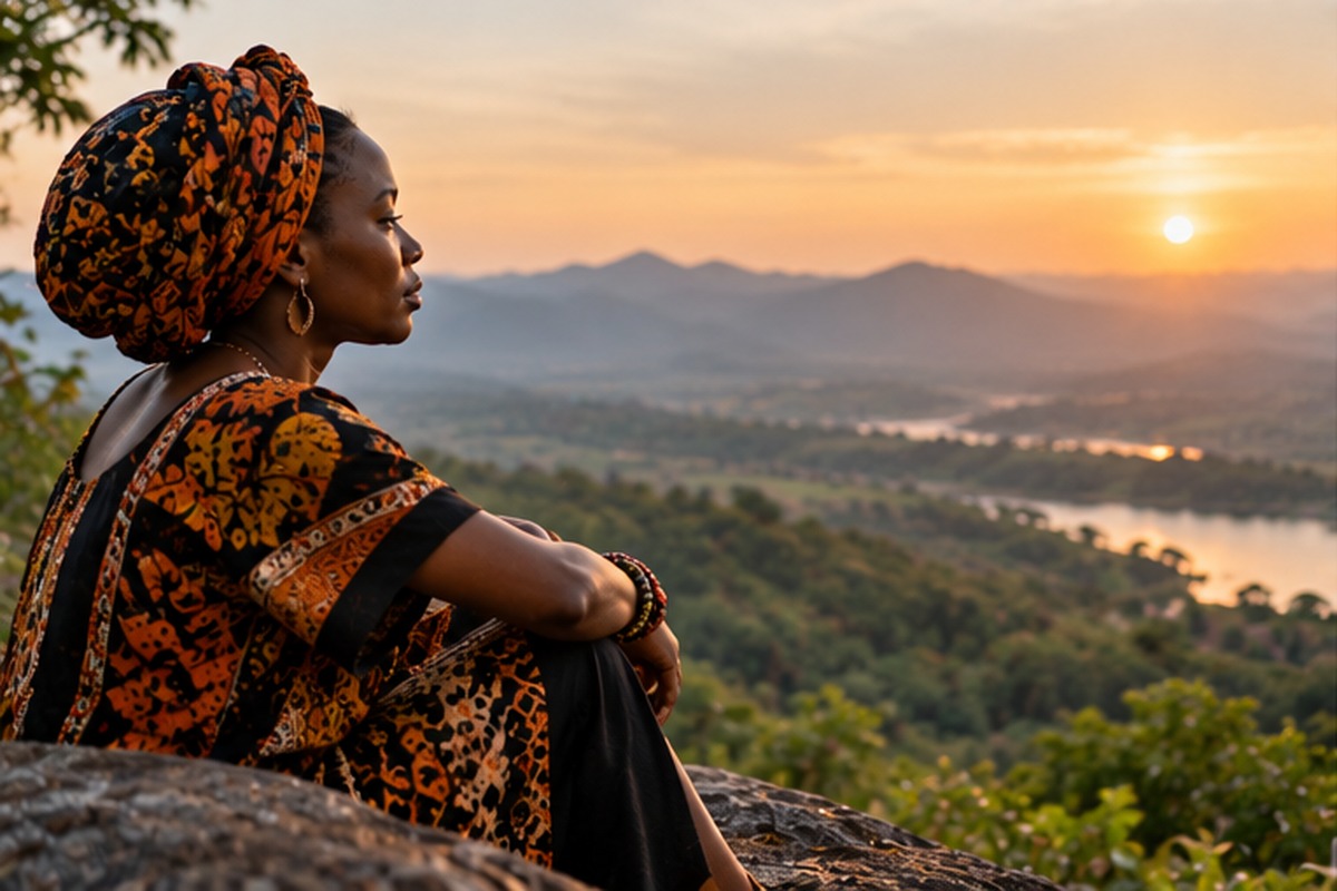 Woman reflecting peacefully over a landscape during personal spiritual reflection