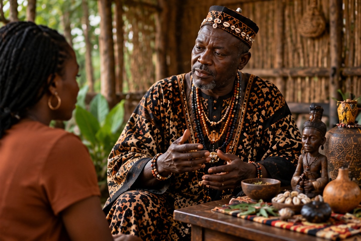 African spiritual practitioner listening carefully to a client during a private consultation