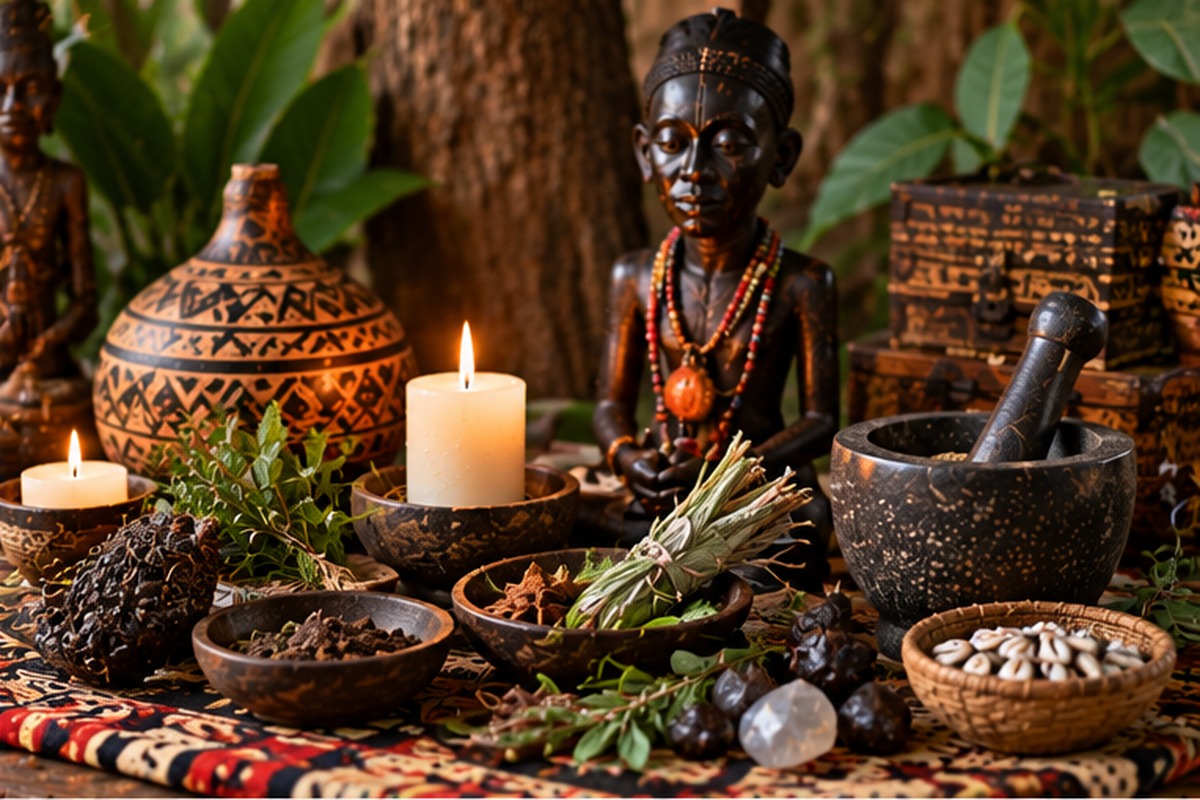 Traditional African cultural objects and natural materials arranged in a spiritual setting