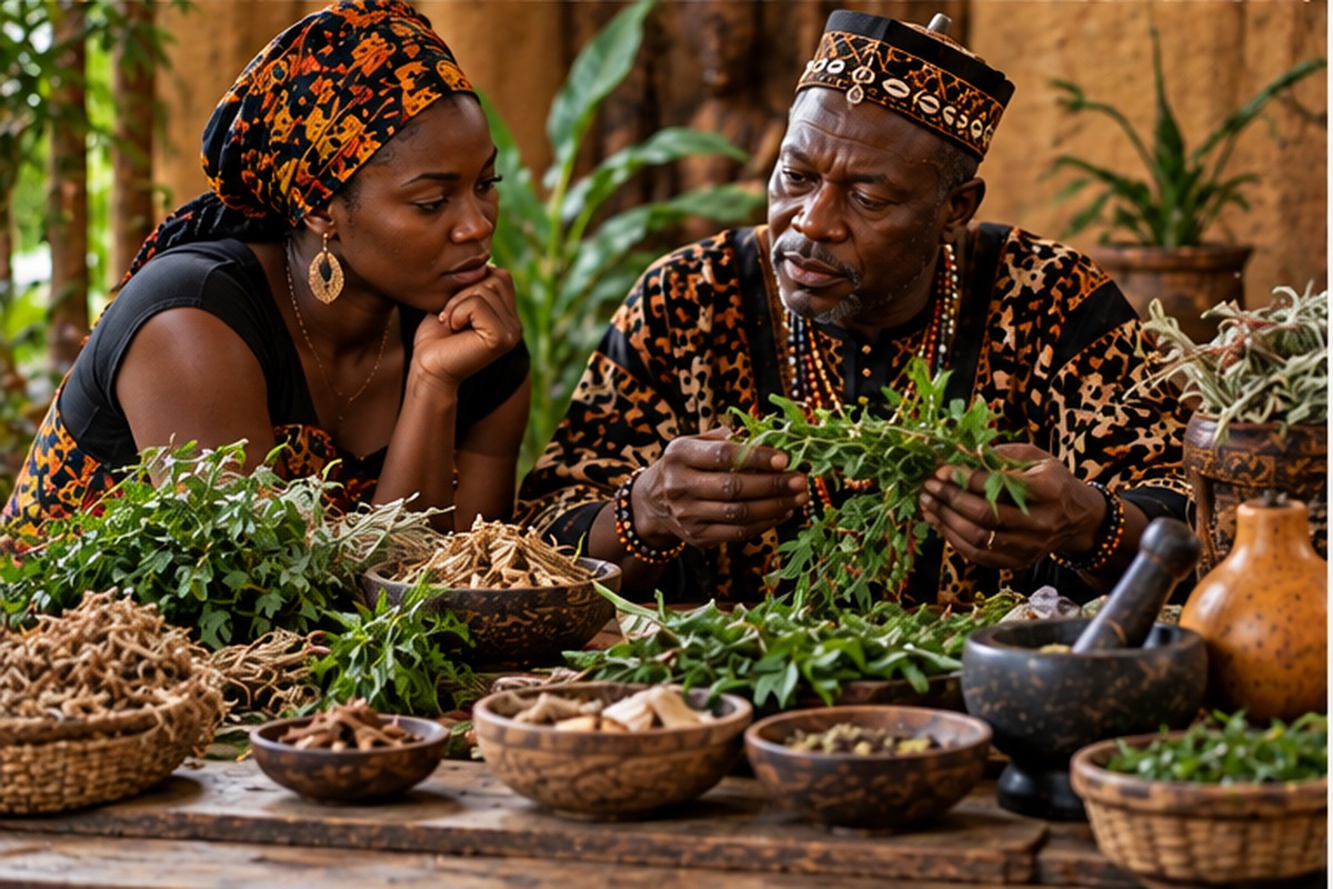African traditional practitioner explaining plants and traditional healing knowledge