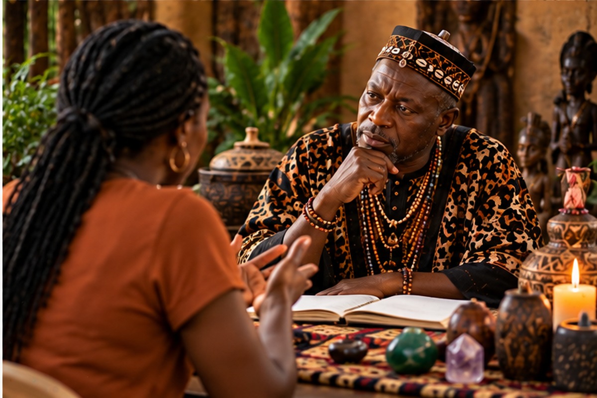 African spiritual practitioner listening carefully to a client during a private consultation