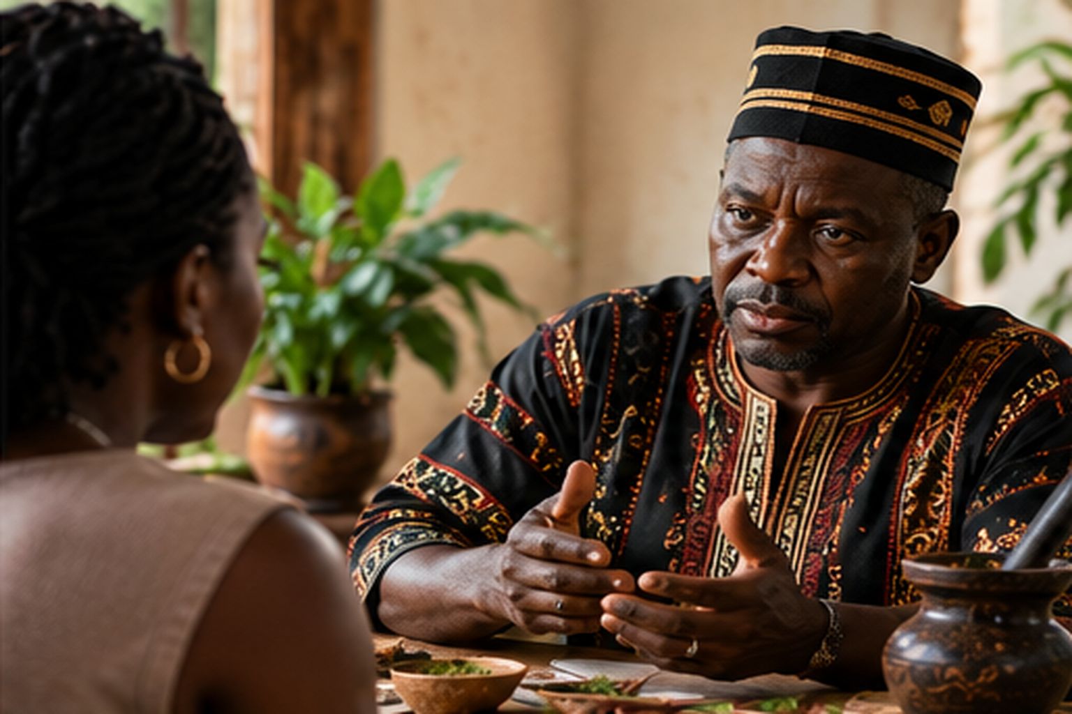 African spiritual practitioner speaking with a client during a private consultation