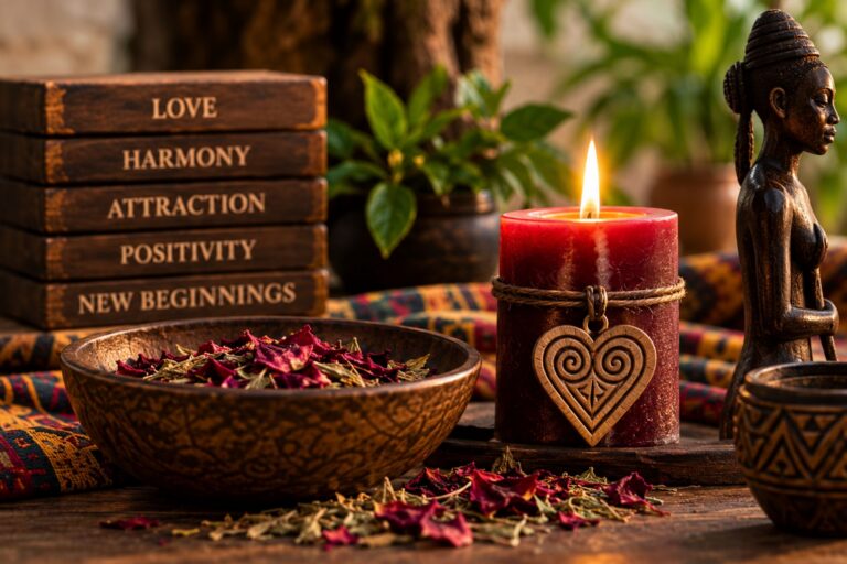 Traditional love spell symbolism with candle, herbs and African-inspired objects