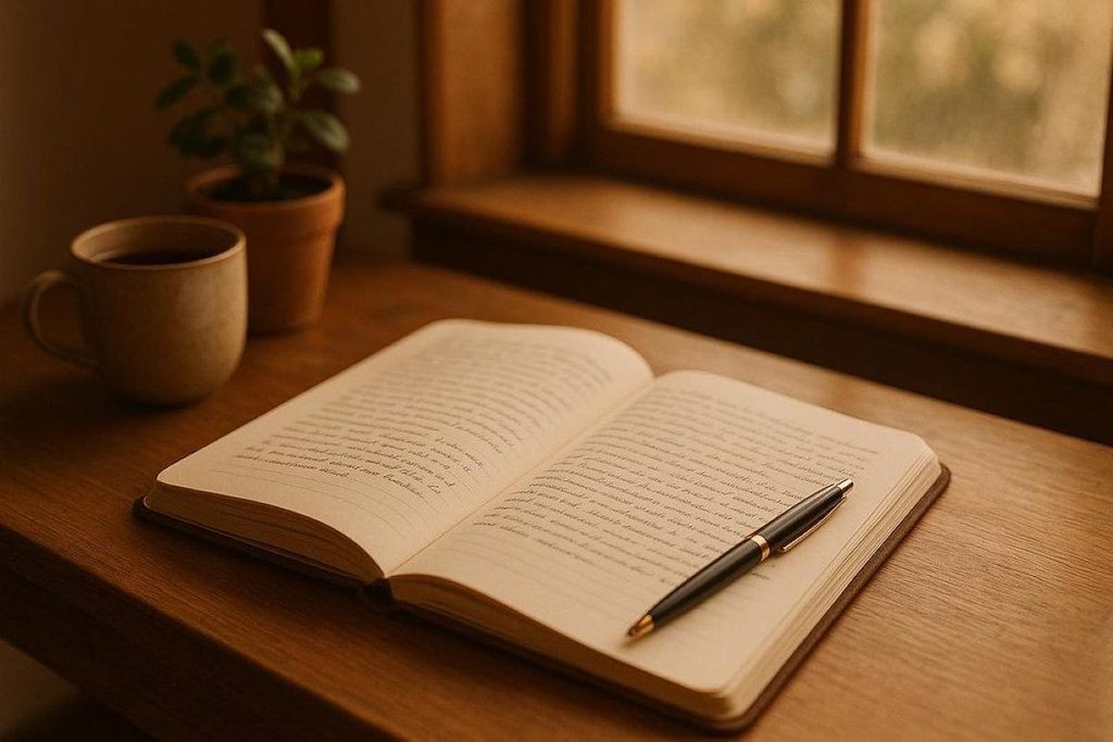 Open notebook and pen on a desk beside a window, representing the practice of recording dreams and reflecting on recurring themes.