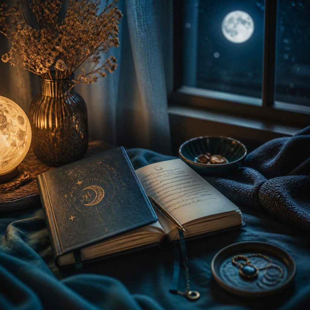 Peaceful bedroom at night with a dream journal beside the bed, representing reflection on the meaning of dreams.