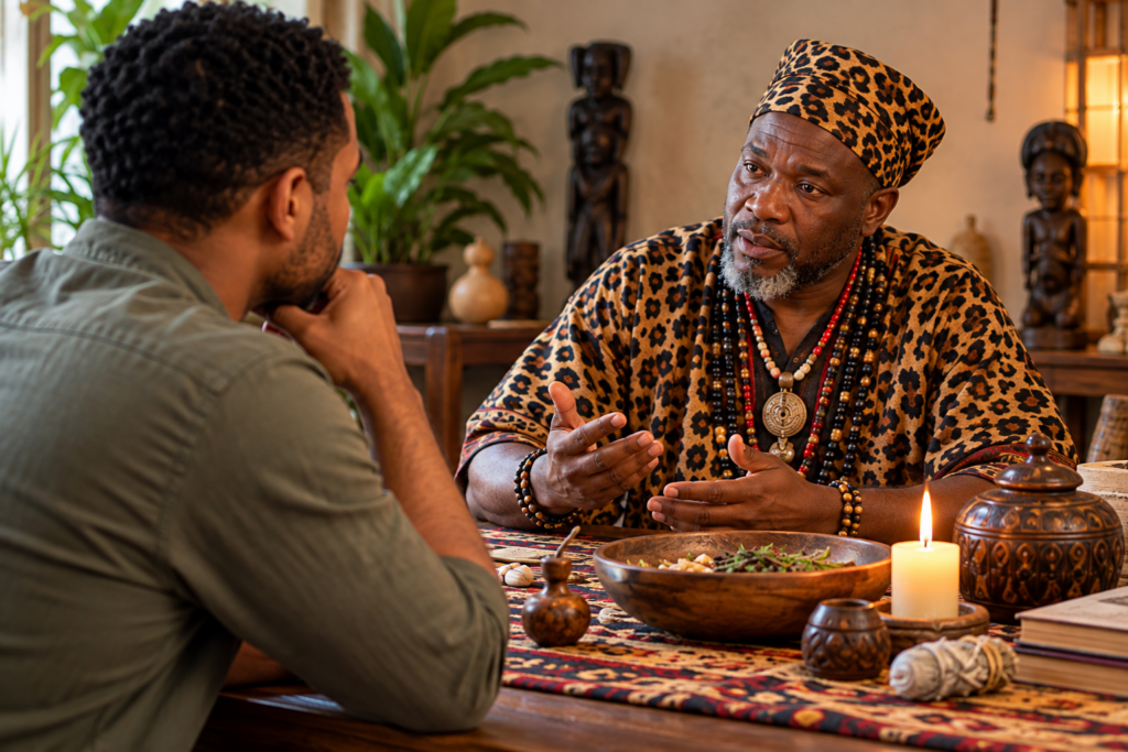 Spiritual practitioner speaking with an adult client during a private consultation