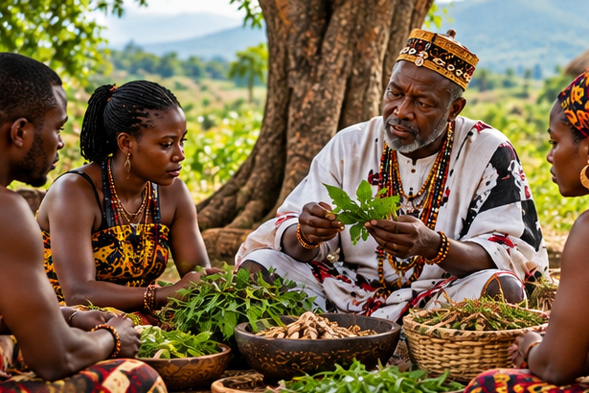 African spiritual practitioner sharing traditional cultural knowledge with adults