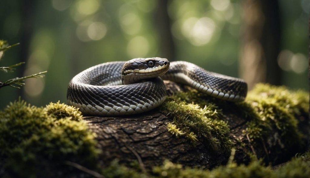 Snake resting among moss and green forest plants, illustrating how snake imagery may be interpreted differently across cultures.