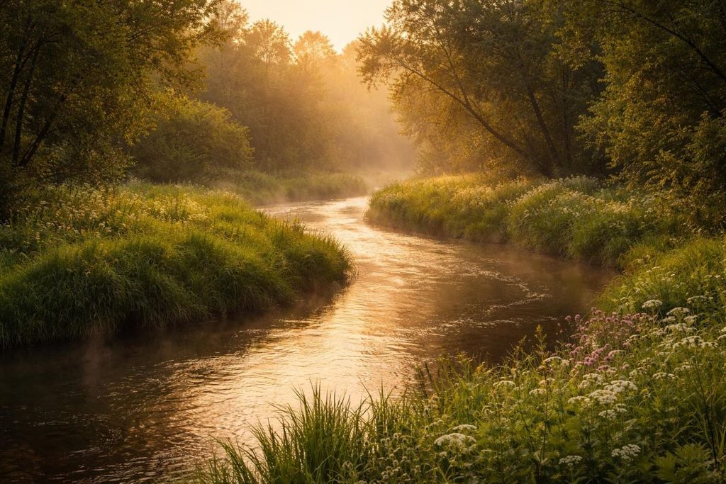 Clear river water reflecting morning light, illustrating the symbolism of water in dream interpretation.