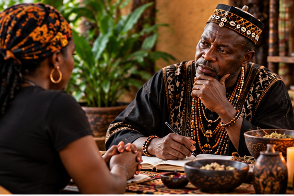 African spiritual practitioner listening carefully to a client during a private consultation