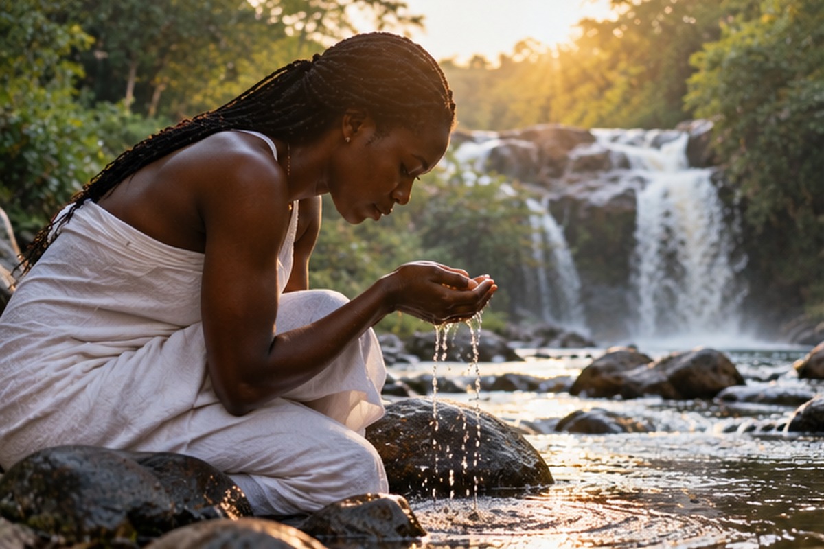 Woman reflecting peacefully beside flowing water during a period of personal renewal