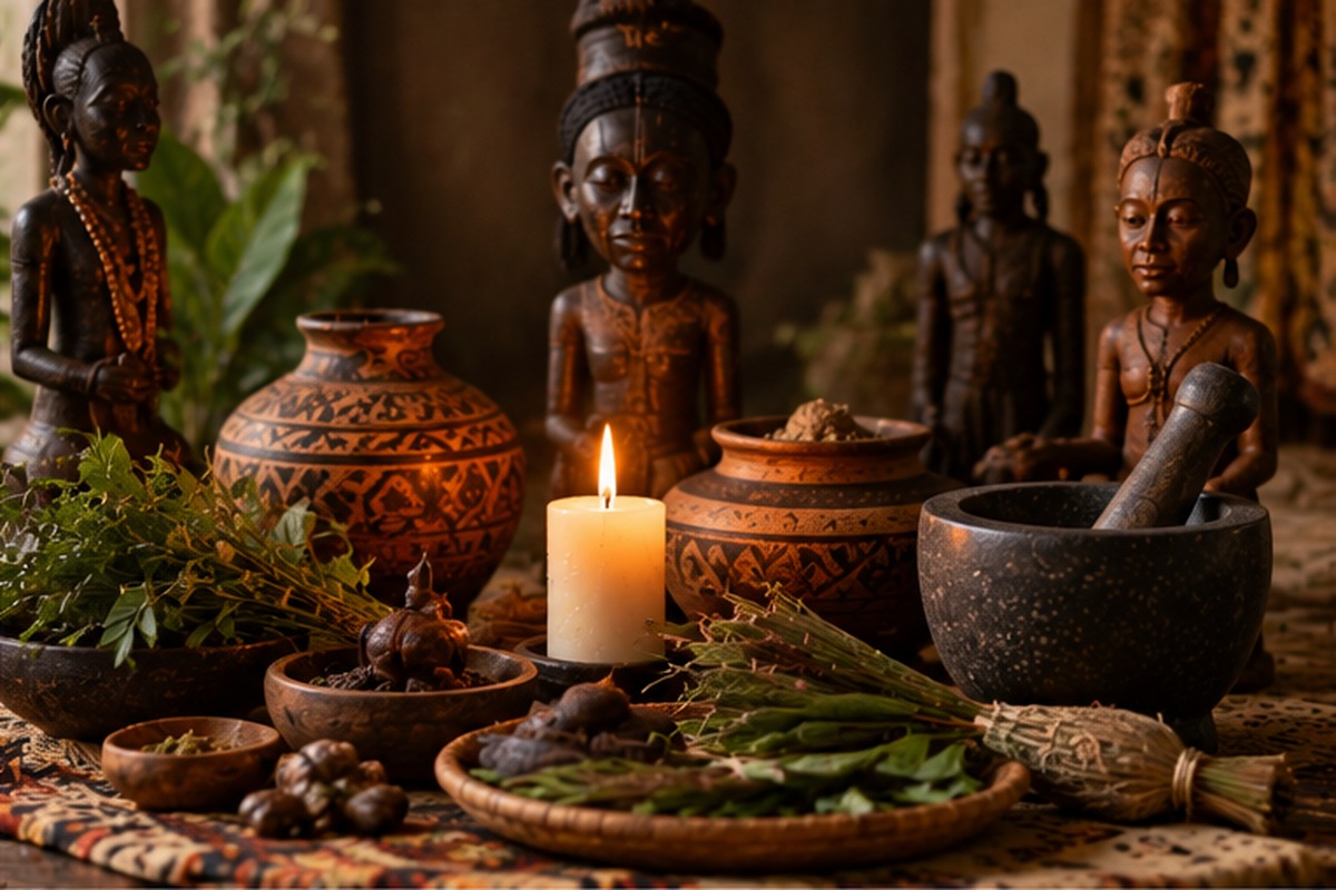 Traditional African spiritual objects and natural materials arranged in a cultural setting