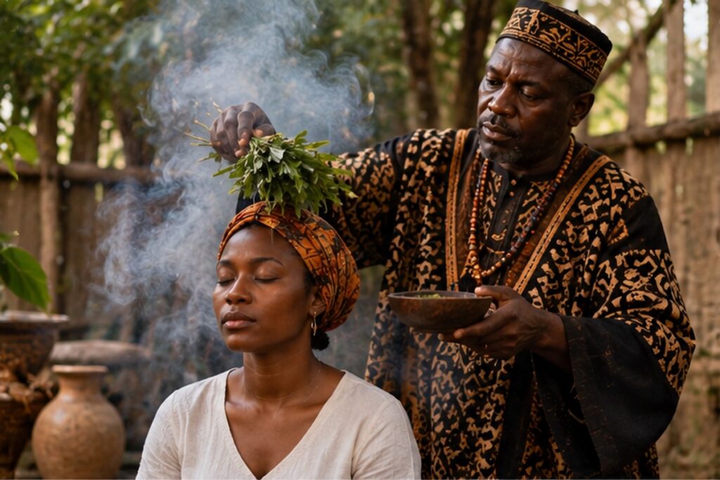 Traditional African spiritual cleansing practice in a peaceful cultural setting